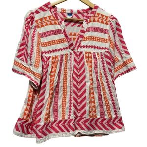 Old Navy Womens Babydoll Top L‎ Pink Orange Aztec Geometric Boho Cottagecore